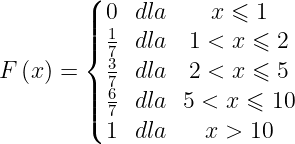 \dpi{120} \large F\left ( x \right )=\left\{\begin{matrix} 0 & dla &x\leqslant 1 \\ \frac{1}{7} & dla & 1<x\leqslant 2\\ \frac{3}{7}& dla & 2<x\leqslant 5\\ \frac{6}{7}& dla & 5<x\leqslant 10\\ 1& dla & x>10 \end{matrix}\right.